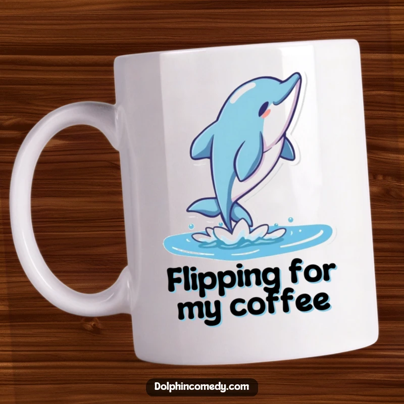 Funny Stylized Dolphin Character Mug, depicted in a graceful, athletic flip motion through stylized waves.