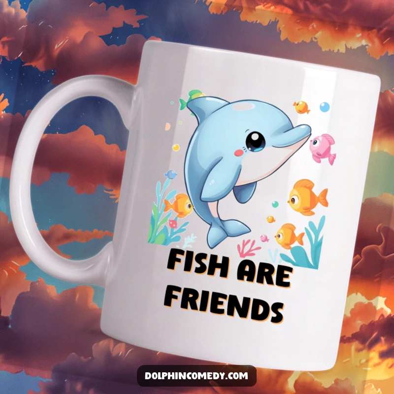 Funny Dolphin Mug featuring a curious dolphin with wide eyes watching colorful fish swim by, radiating amazement and playful curiosity.