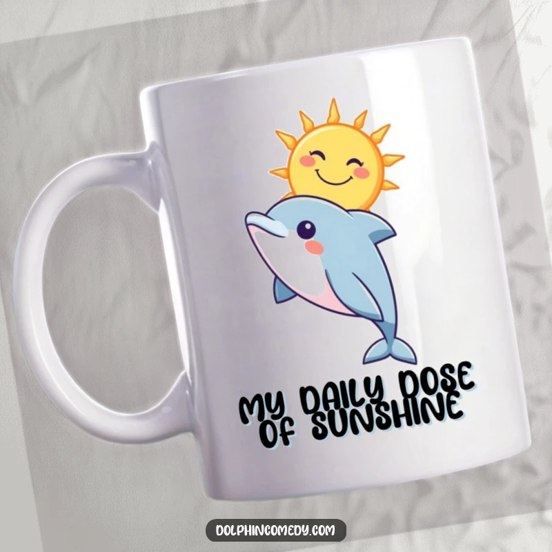 Funny mug featuring a curious dolphin looking up at a stylized, smiling sun, radiating happiness and warmth.