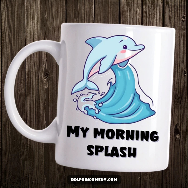 Funny dolphin leaping joyfully out of a stylized ocean wave, showcasing pure happiness and aquatic exuberance on a mug.