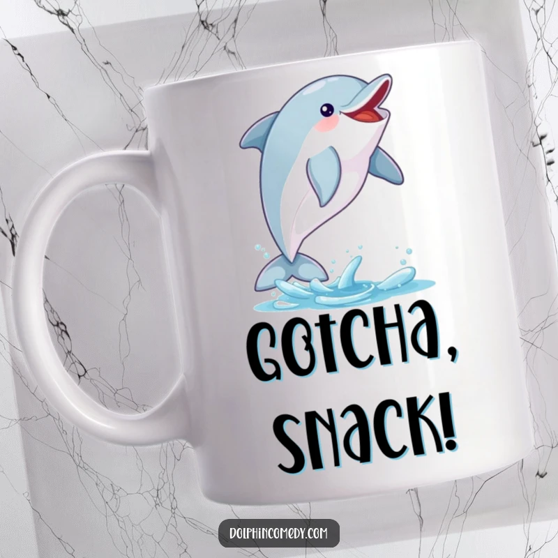 Funny Dolphin Ceramic Mug: An excited dolphin leaps mid-air, catching a fish, a dynamic and funny gift for ocean lovers.