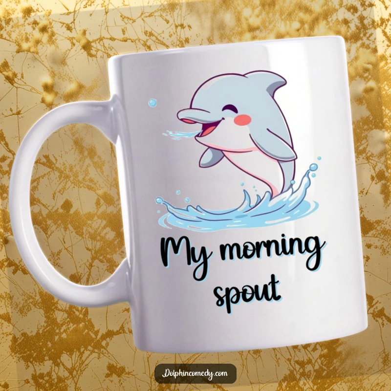 Funny Dolphin Mug showing an excited dolphin vigorously blowing a stream of water, perfect for a good laugh.