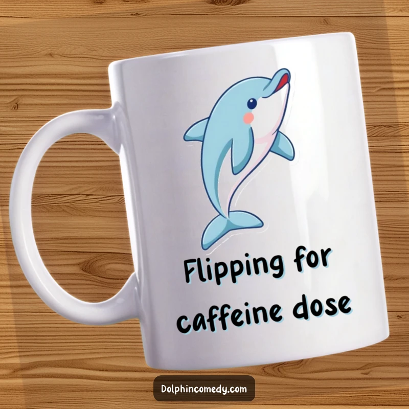 Funny dolphin mug featuring a playful dolphin doing a magnificent flip, highlighting agility and ocean excitement.