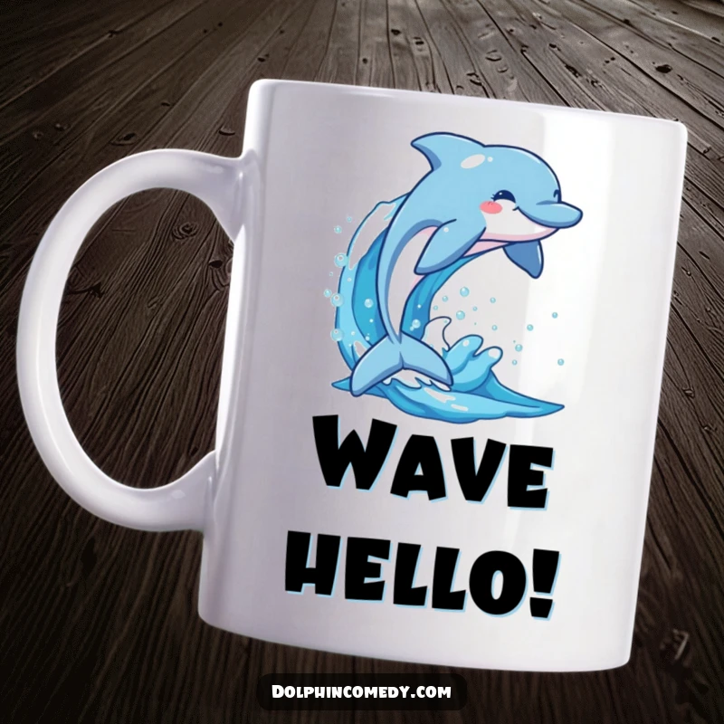 Funny dolphin with a wide, happy grin leaping joyfully out of a sparkling, cresting blue ocean wave.