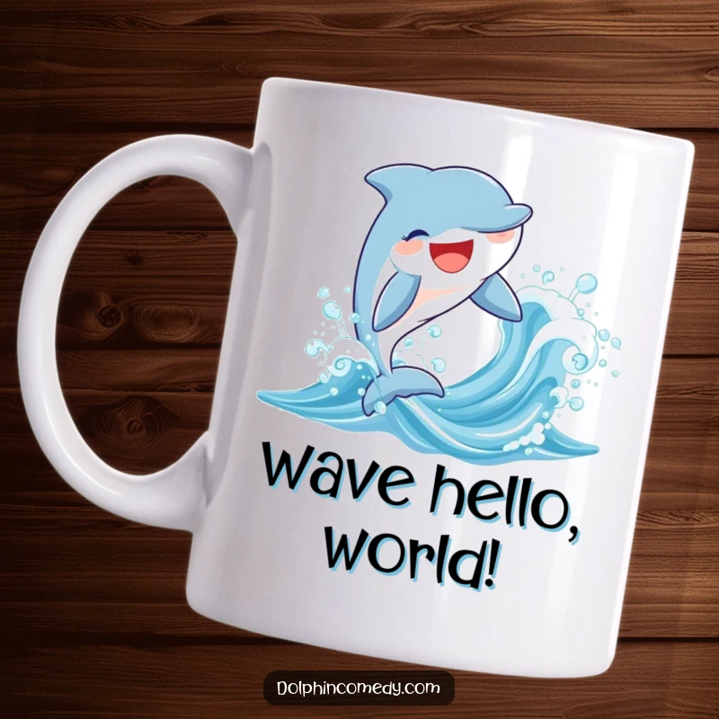 Funny ceramic mug featuring a joyful dolphin with a huge smile leaping from a sparkling wave, pure aquatic bliss.