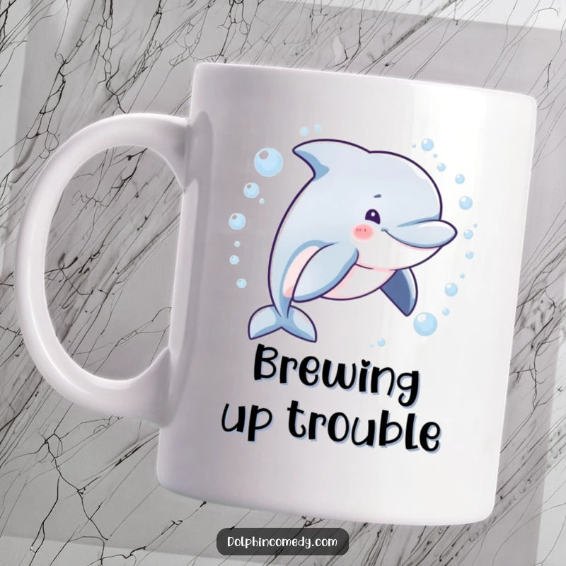 Funny ceramic mug featuring a dolphin with a mischievous grin swimming in a bubbly circle, radiating playful energy.