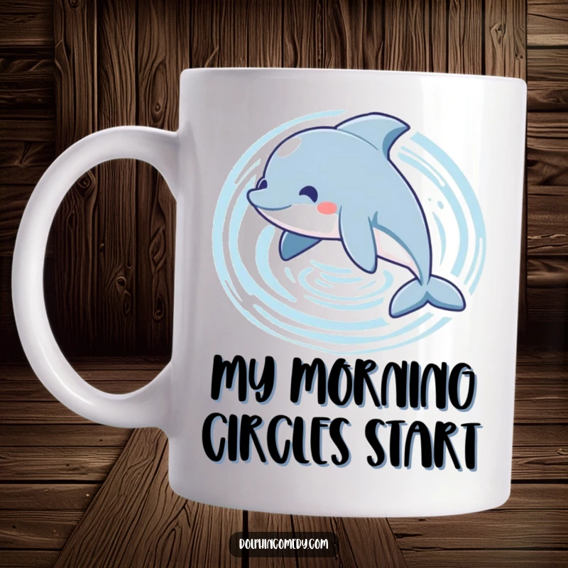 Funny playful dolphin character swimming in a circular motion, creating beautiful, concentric ripples in the water.