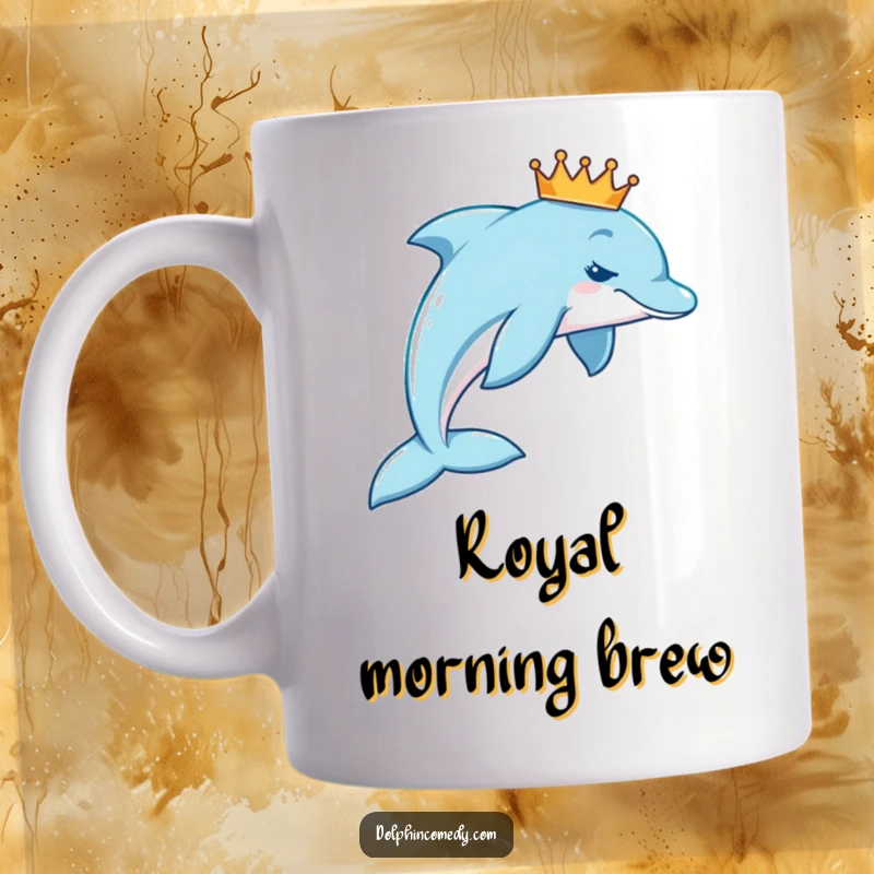 Funny royal dolphin mug showing a majestic dolphin wearing a tiny crown, gracefully swimming in a beautiful arc underwater.