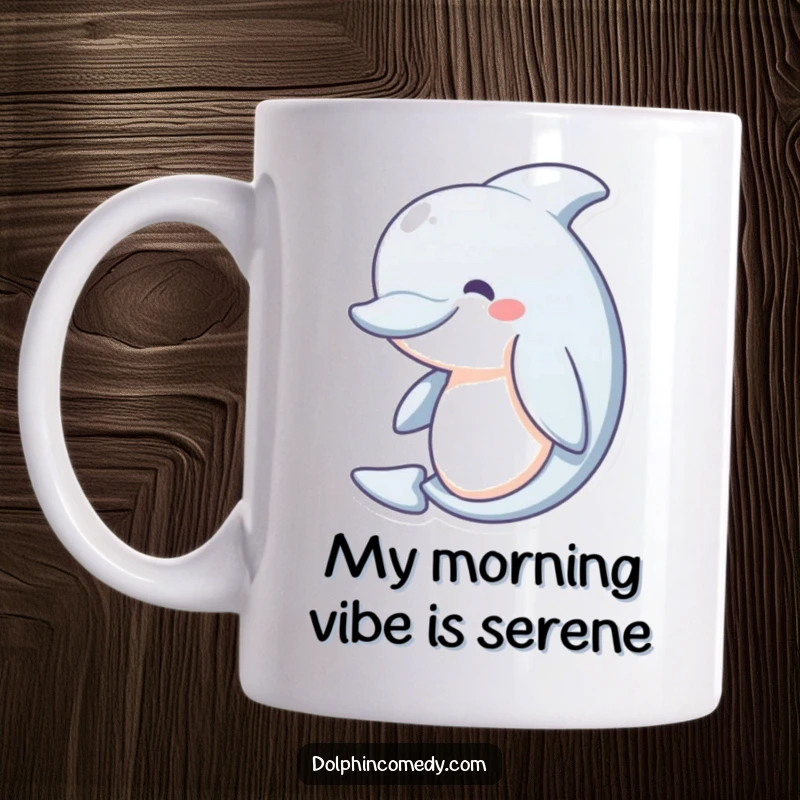 Funny Mug: A happy dolphin with a gentle curve, looking serene and peaceful in the ocean. A perfect gift for serenity seekers.