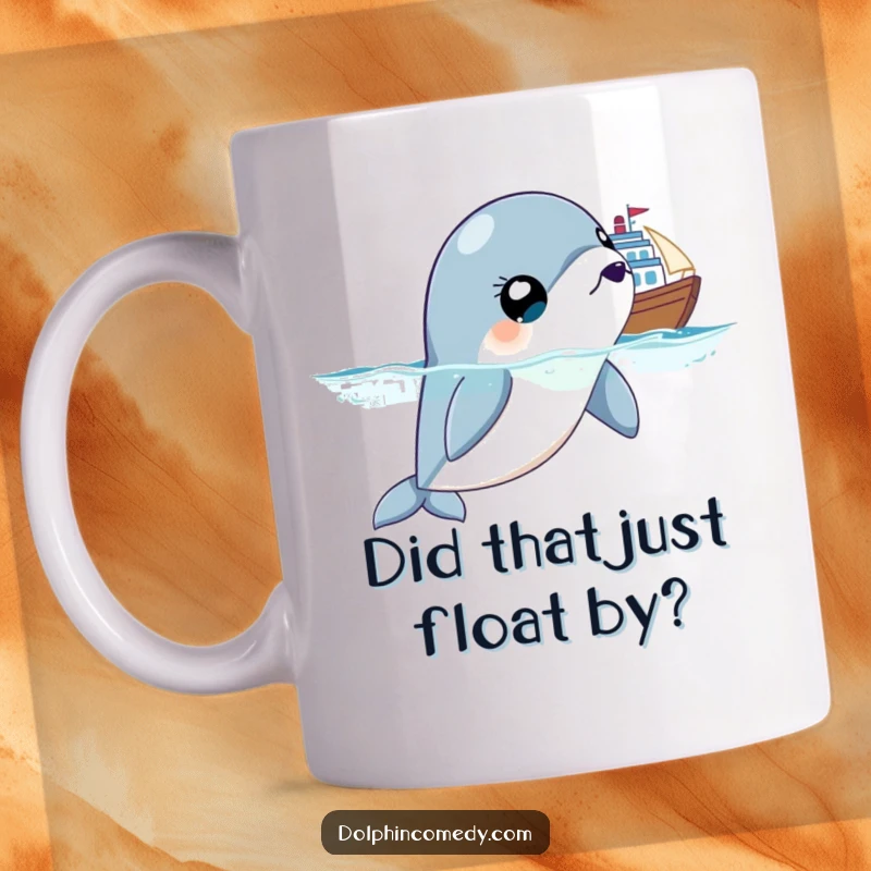 Funny mug featuring a surprised dolphin with wide, shocked eyes, staring intently at a passing ship, conveying relatable humor.
