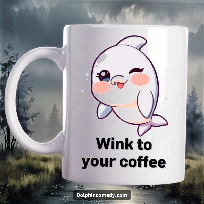 Funny Dolphin Mug with rosy cheeks, playfully winking at the viewer, offering a delightful and humorous greeting.