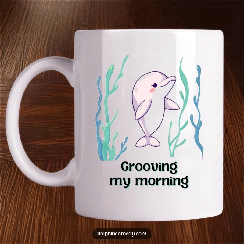 Funny Dolphin Mug: A dolphin with graceful fins dancing elegantly through underwater kelp, showcasing oceanic charm.