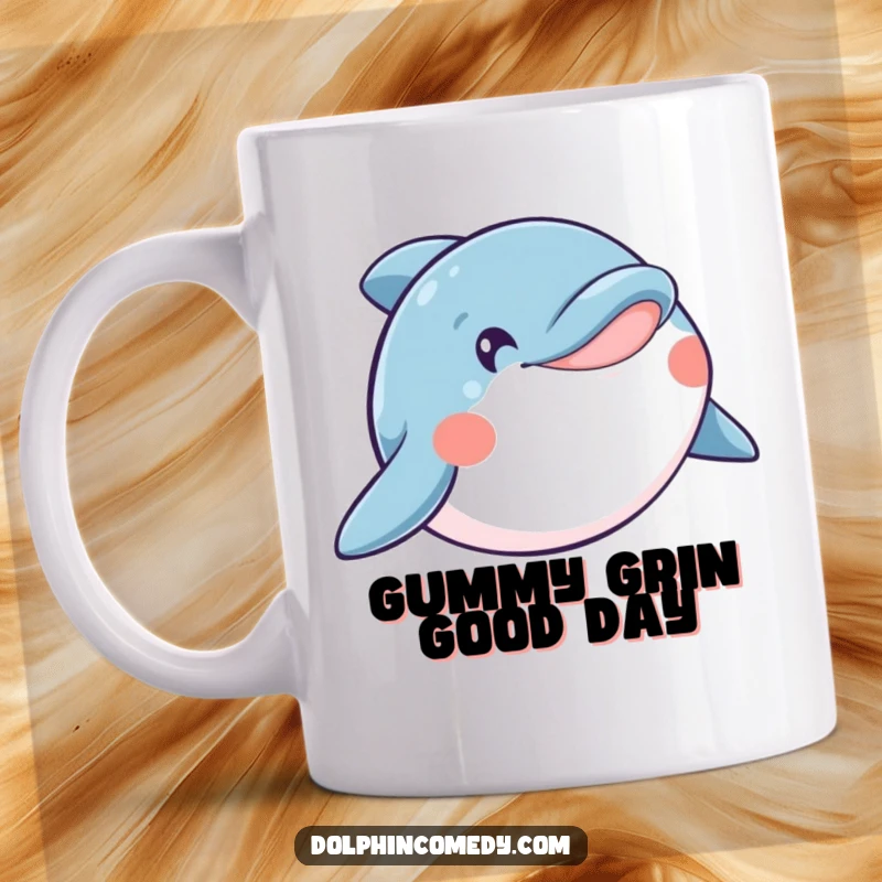 Funny mug featuring a happy dolphin with its mouth wide open in a joyful smile, radiating pure oceanic delight.