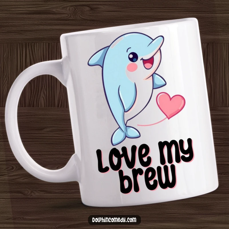 Funny cheerful dolphin with a heart shape trailing behind it, appearing on a mug, symbolizing love and happiness.