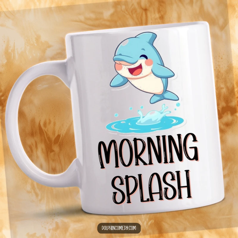 Funny Dolphin Mug leaping from water with a big, joyful smile, showcasing marine happiness.