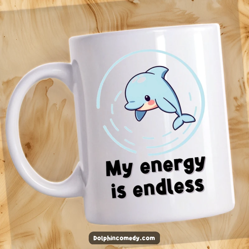 Funny Ceramic Mug showing a playful dolphin swimming in a circle, creating charming water ripples, evoking fun and movement, a great funny gift.