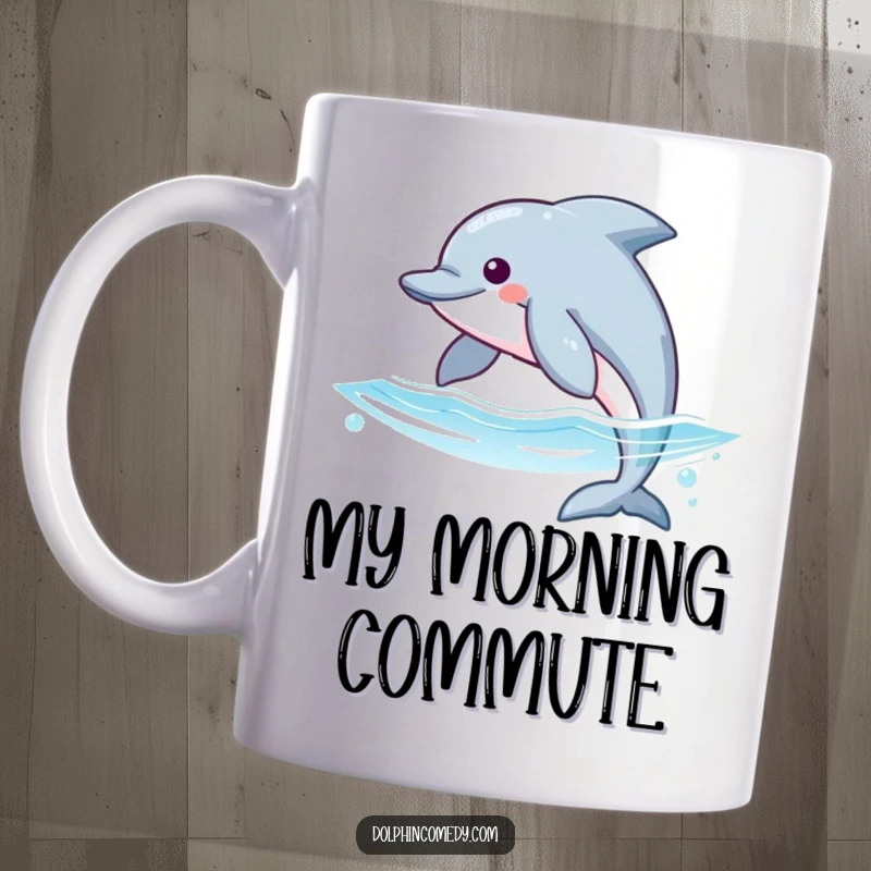 Funny mug featuring a sleek dolphin with streamlined fins gliding effortlessly through clear blue ocean water, embodying grace and calm.