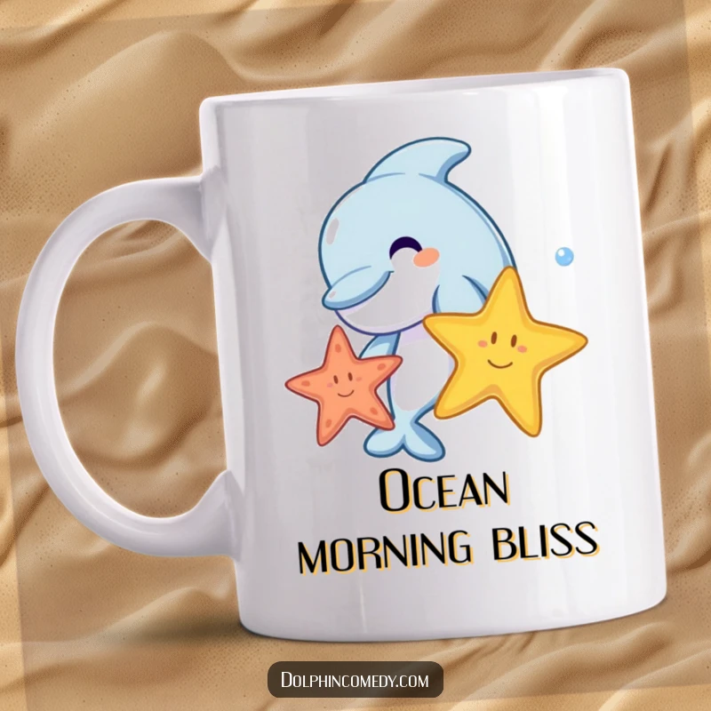 A cheerful cartoon dolphin joyfully playing with a bright, colorful starfish underwater, on a mug.