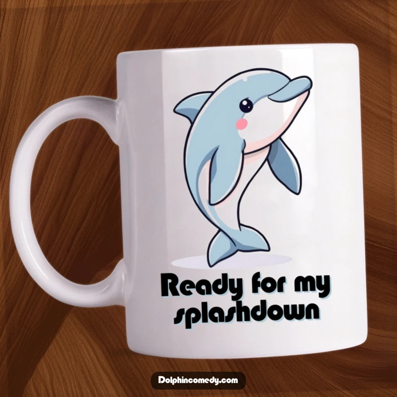 Funny Dolphin Mug: An alert dolphin poised mid-air, ready to leap with energetic anticipation, showcasing oceanic thrill.