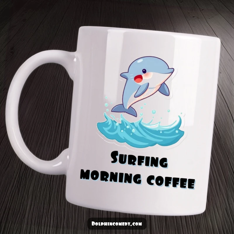 Funny Dolphin Mug: A joyful dolphin leaping dynamically from a wave, capturing marine exuberance, perfect for a funny gift.