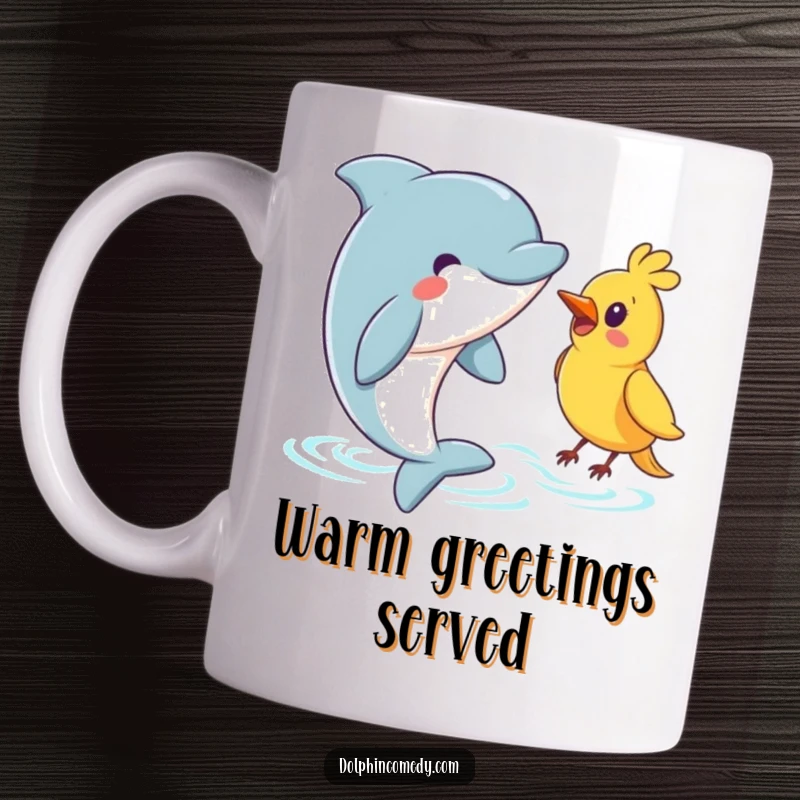 Funny Dolphin Mug: A dolphin with a warm expression surfacing to kindly greet a friendly bird, embodying ocean friendship.