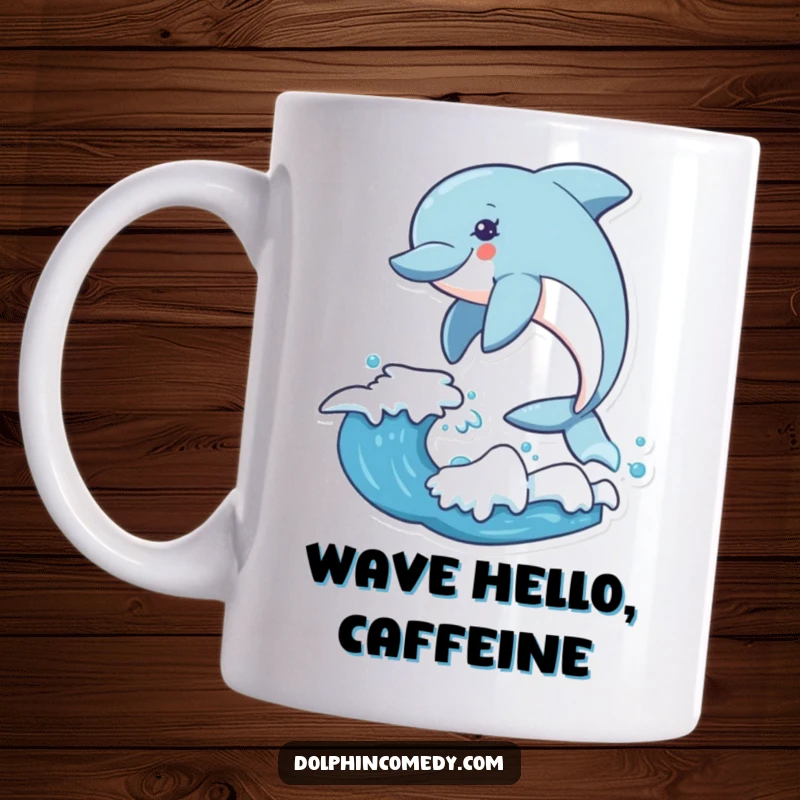 Funny dolphin mug showing an excited dolphin leaping joyfully over a cresting ocean wave with great energy.
