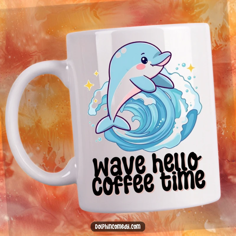 Funny joyful dolphin character leaping dynamically through a sparkling, cresting ocean wave, conveying pure excitement.