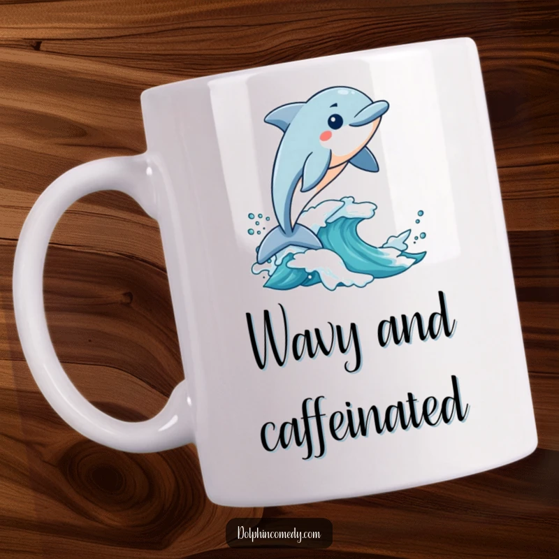 Funny Mug: An excited dolphin joyfully rides a cresting ocean wave, conveying pure exhilaration and humor.