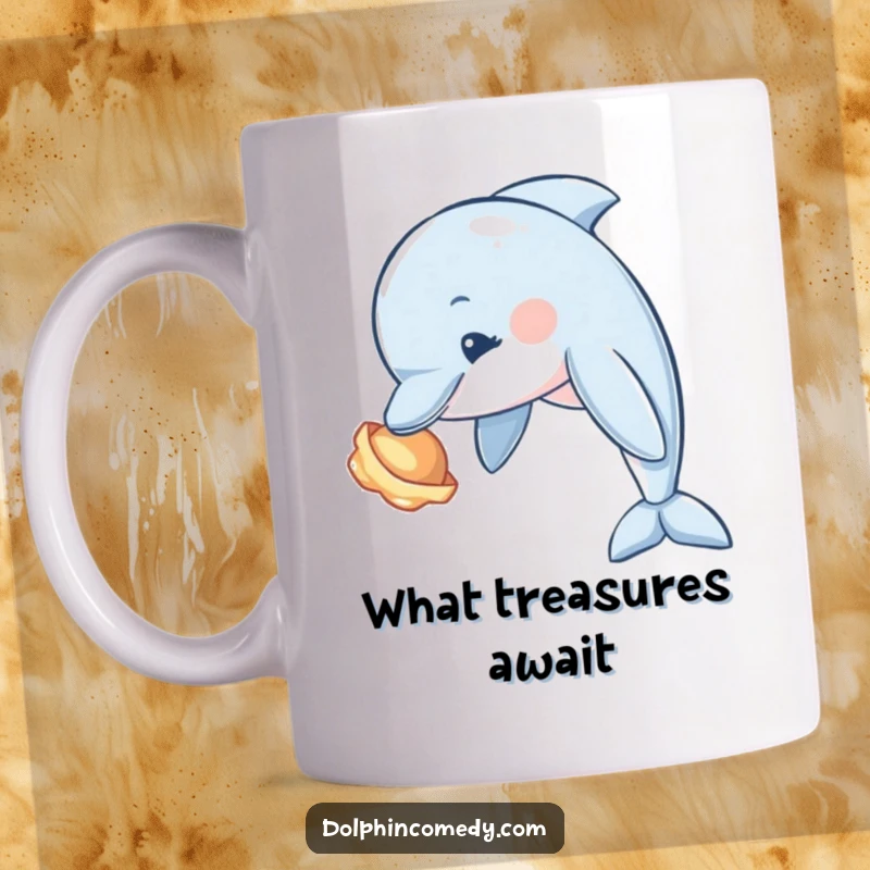 Funny Dolphin Mug showing a curious dolphin tilting its head while examining a shiny seashell, sparking wonder.