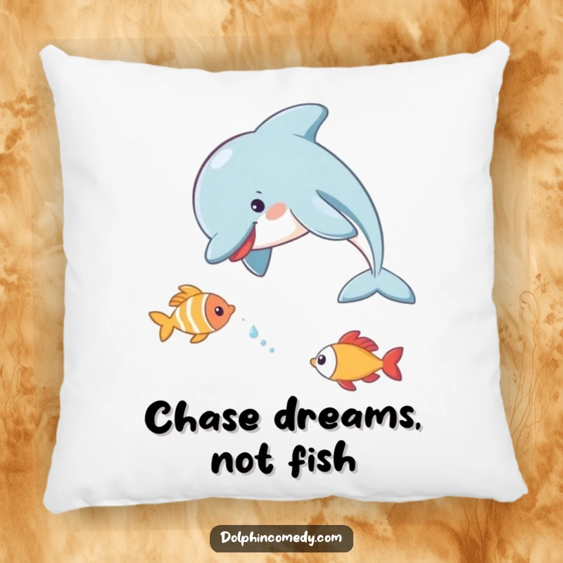 Playful Dolphin Pillow featuring a dolphin playfully chasing a small fish, a comfortable and amusing home accent.