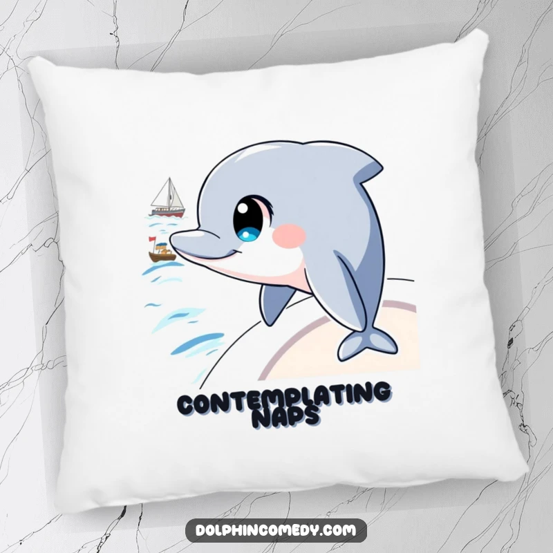 Funny pillow featuring a dolphin with large, intelligent eyes, observing a boat, perfect for cozy contemplation and decor.