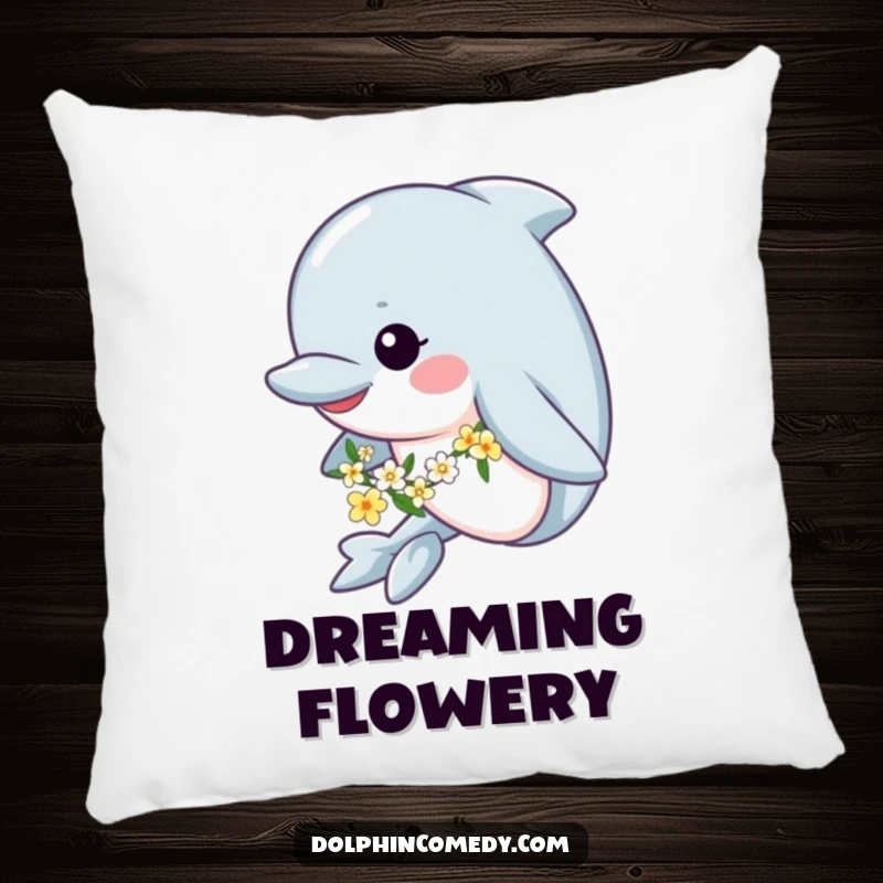 Funny pillow featuring a happy dolphin adorned with a flower garland, swimming gently, perfect for cozying up.