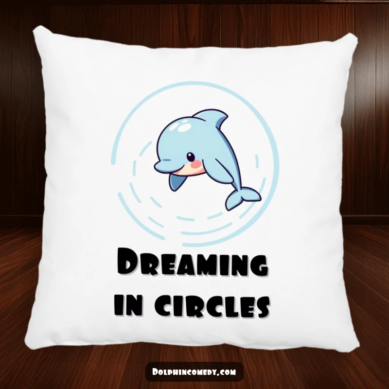 Funny Decorative Pillow featuring a playful dolphin swimming in circles, creating visible water ripples, perfect for adding comfort and humor, a cute funny gift.