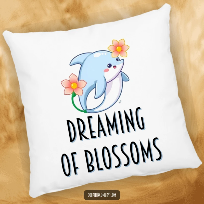 Elegant Dolphin Flower Pillow featuring a dolphin swimming gracefully with a flower, perfect for adding serene charm.