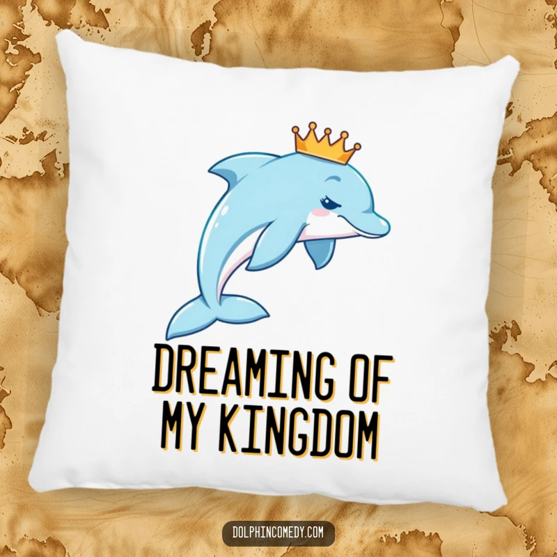 Funny royal dolphin crown pillow featuring a dolphin wearing a tiny crown, swimming gracefully in a beautiful arc.