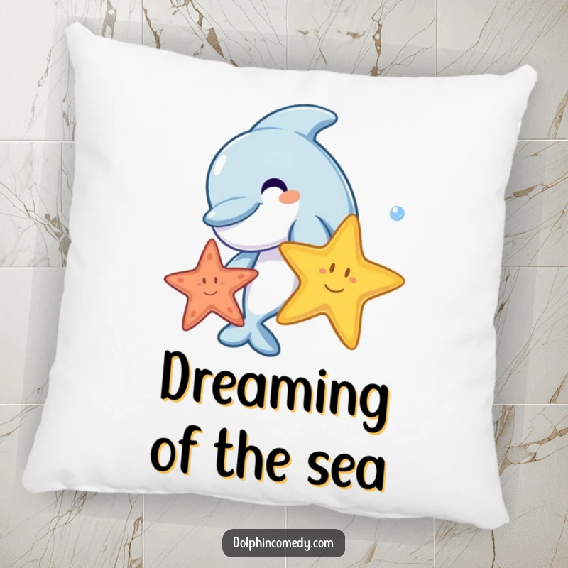 A happy cartoon dolphin playing with a starfish, creating a cozy and cheerful accent pillow.