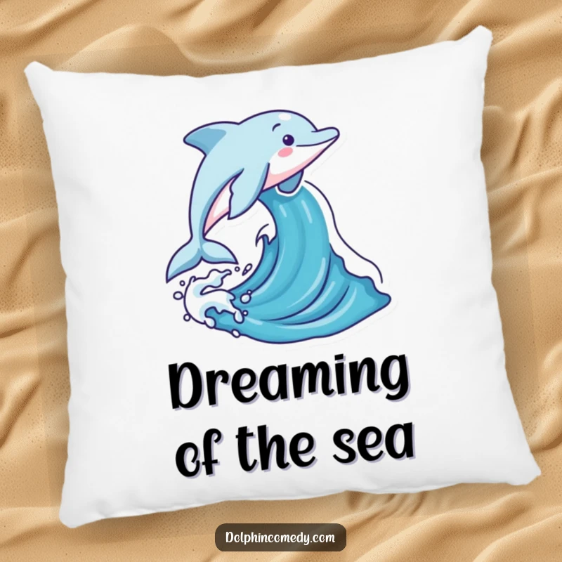 Funny dolphin leaping joyfully out of a stylized ocean wave, designed for comfort on a soft pillow.