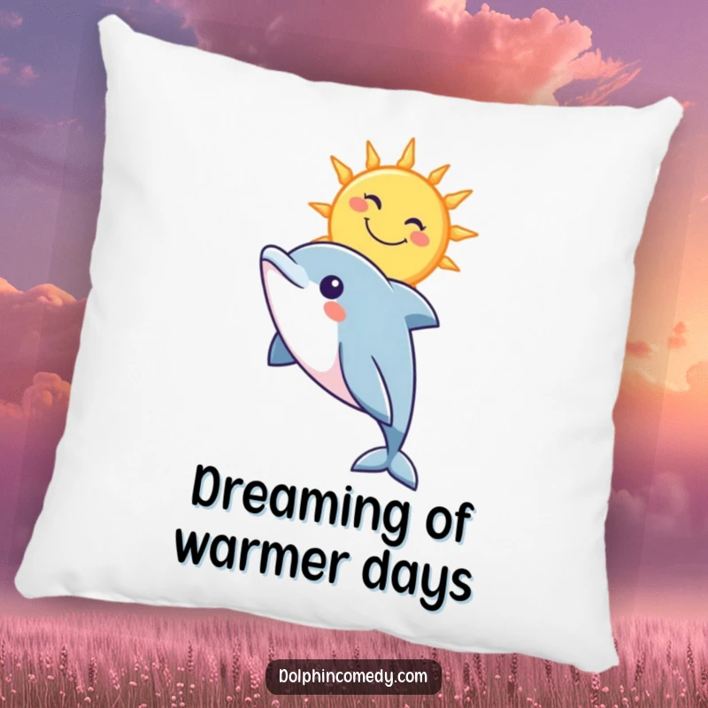 Funny pillow featuring a curious dolphin gazing at a stylized, smiling sun, adding comfort and humor to any room.