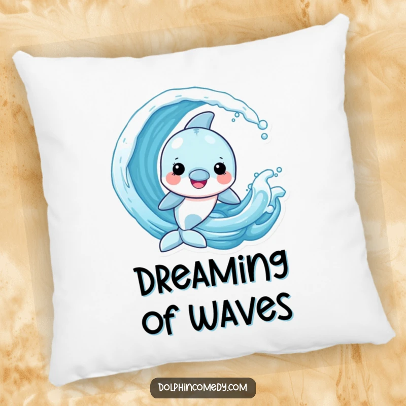 Funny Dolphin Pillow showing a cheerful dolphin playing with a playful wave, bringing ocean vibes to your space.