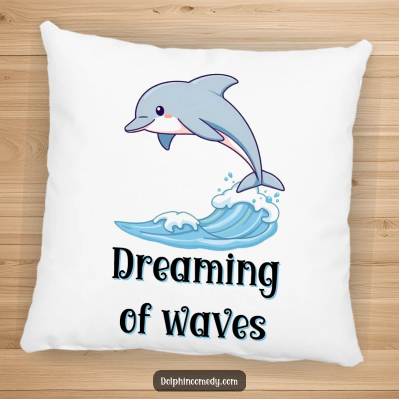 Funny pillow featuring a sleek dolphin leaping over a gentle wave, perfect for adding a touch of aquatic elegance.