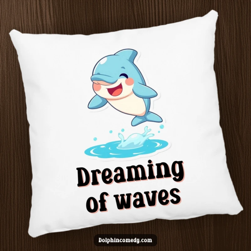 Funny Dolphin Pillow showing a joyful dolphin leaping from water with a big smile, perfect for comfort.