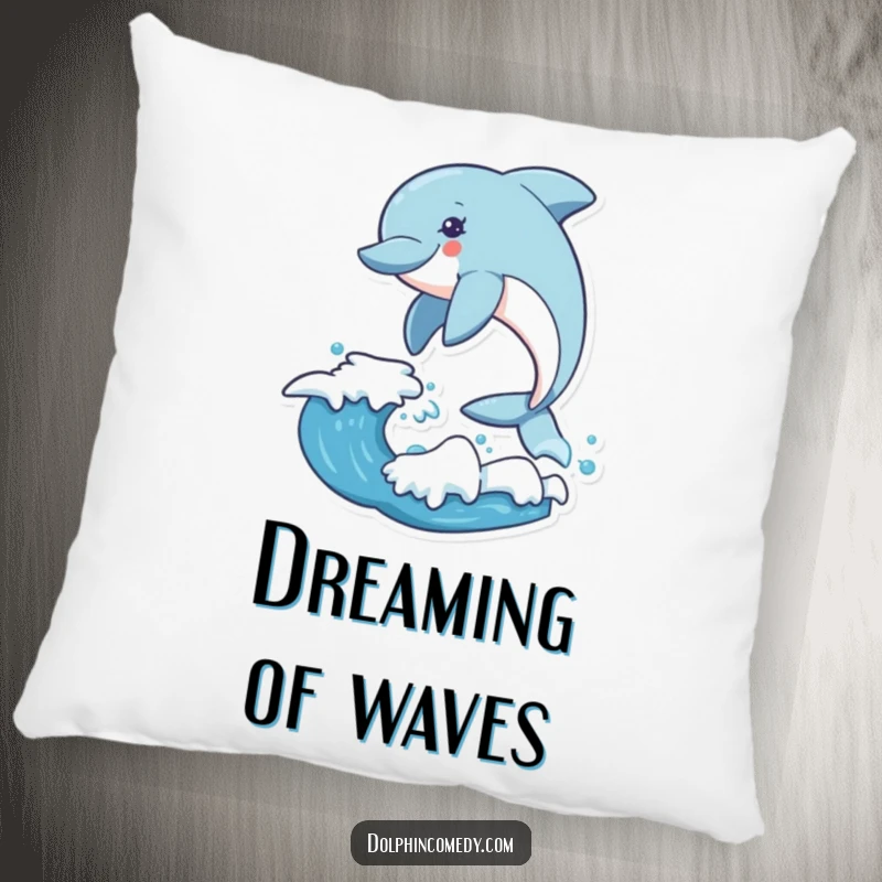 Funny dolphin pillow with an excited dolphin leaping over a wave, offering comfort and marine exhilaration.