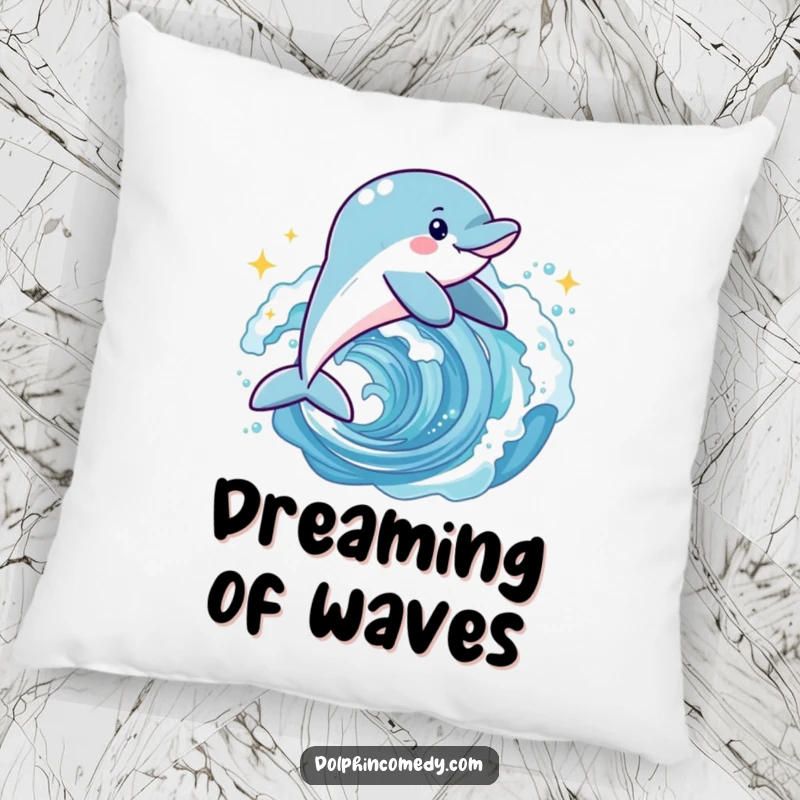 Funny joyful dolphin pillow depicting a happy dolphin leaping through a sparkling wave, soft and decorative.
