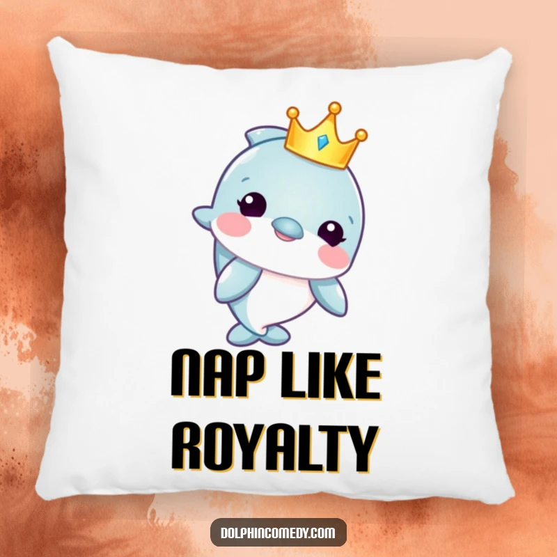 Funny pillow featuring a cute dolphin wearing a miniature crown, offering a cozy and humorous touch of aquatic regality.