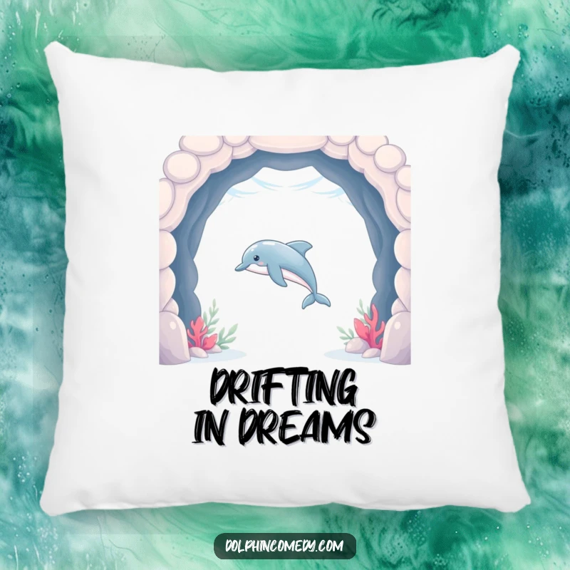 Funny Dolphin Pillow featuring a sleek dolphin swimming through an underwater archway, soft and full of humorous serenity.