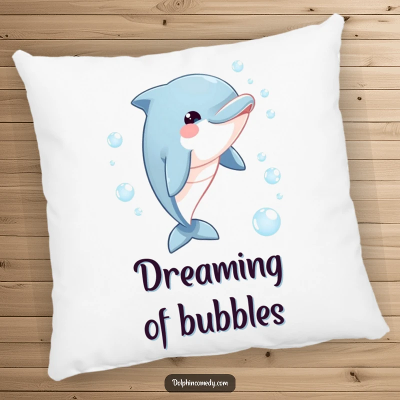 Funny dolphin pillow with a playful dolphin with a happy gaze chasing a stream of shimmering bubbles, adding comfort and humor.