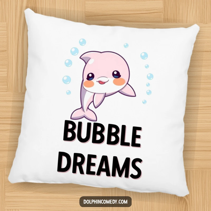 Funny dolphin blowing a perfect ring of bubbles, a soft and humorous pillow for playful comfort and relaxation.