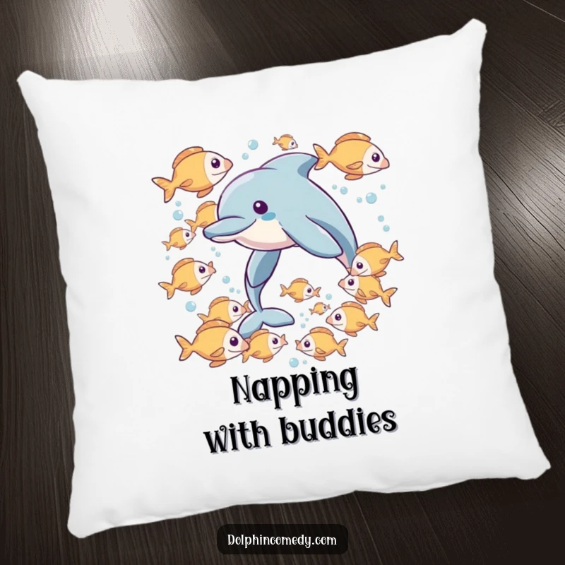 Funny pillow featuring a dolphin swimming with a group of playful fish, perfect for adding a charming, aquatic touch.