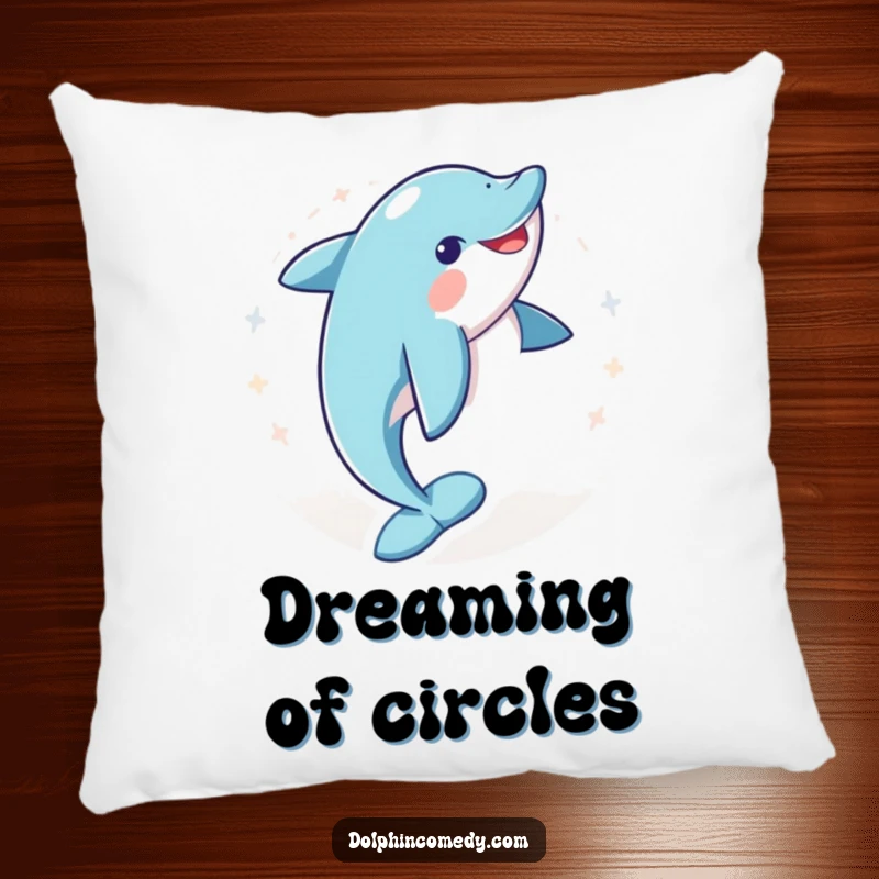 Funny decorative pillow showcasing a happy dolphin spinning joyfully, providing comfort and a humorous oceanic vibe.