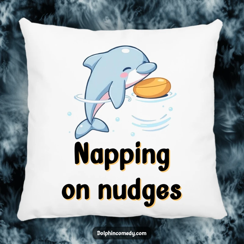 Funny dolphin pillow with a playful dolphin nudging a floating object, offering comfort and marine-themed humor.